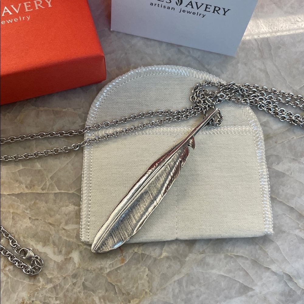 RETIRED RARE James Avery Sterling Silver Feather Pendant with Chain